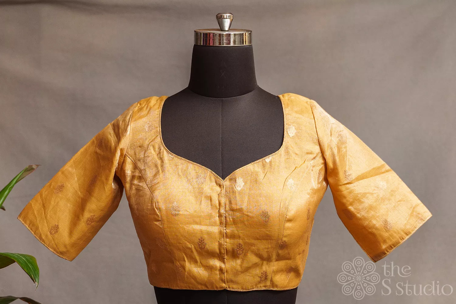 Golden tissue readymade blouse with zari buttas