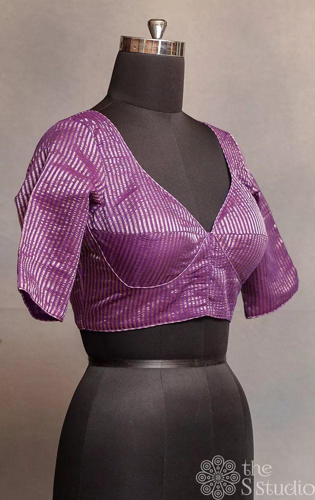 Magenta Purple Semi silk readymade blouse with fine zari lines