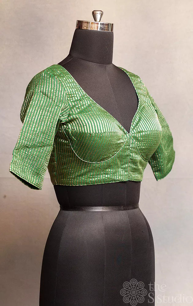 Dark Green Semi silk readymade blouse with zari lines