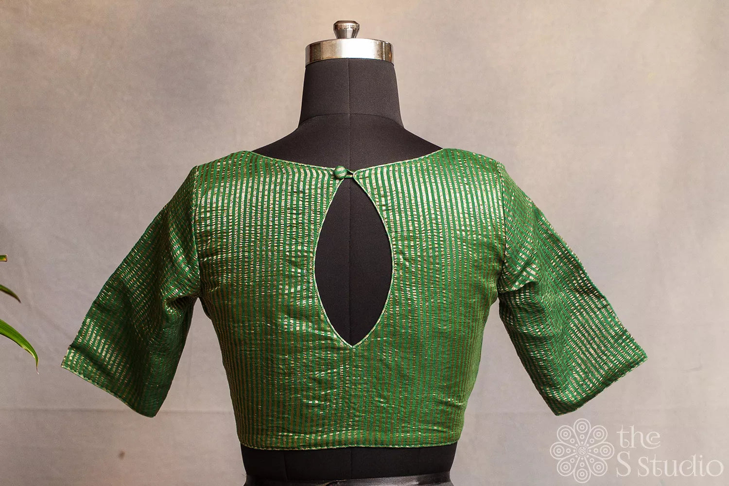 Dark Green Semi silk readymade blouse with zari lines