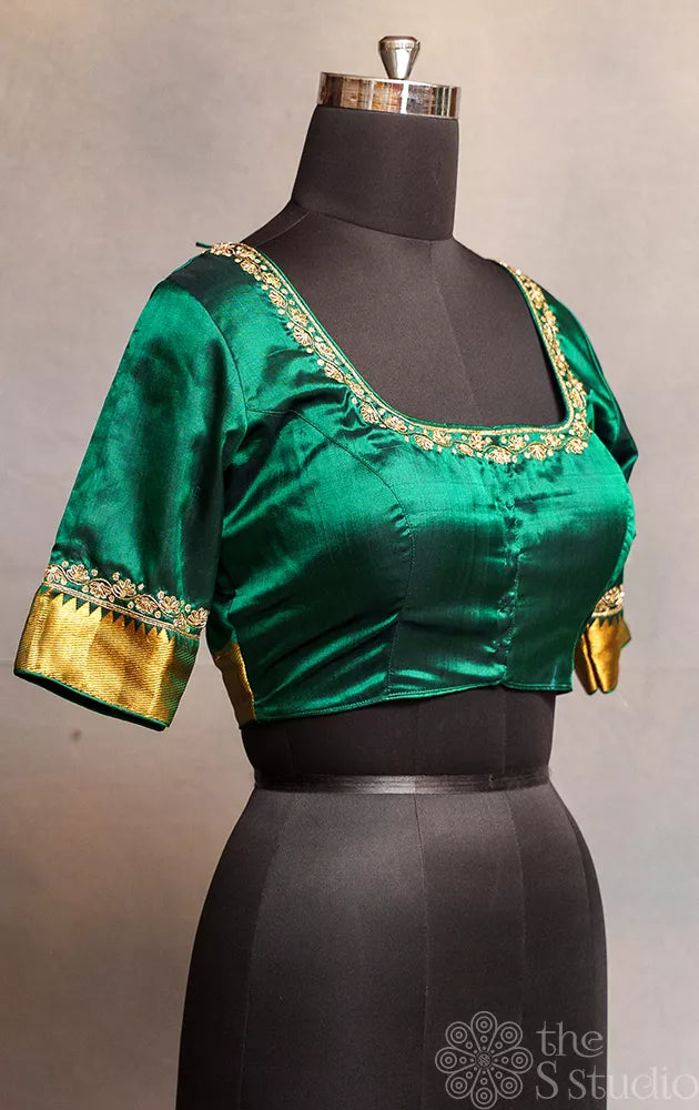 Bottle Green pure silk readymade blouse with hand aari work embroidery