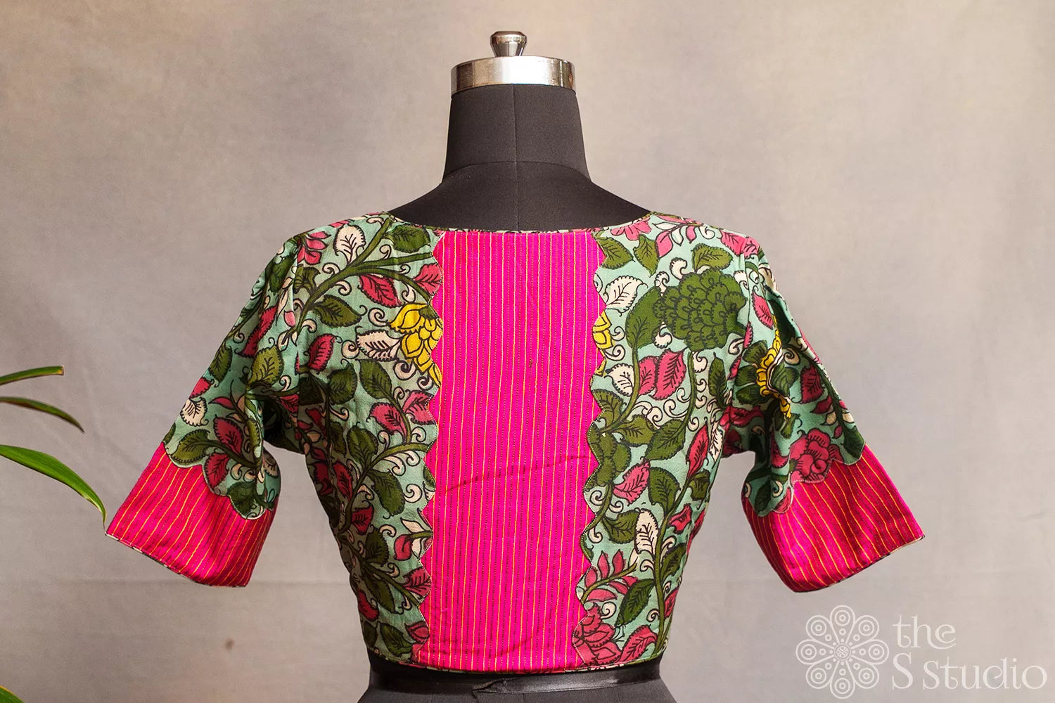 Mint Green Light weight silk readymade blouse with hand painted pen kalamkari