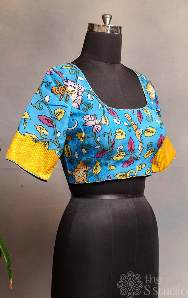 Blue Light weight silk readymade blouse with vibrant hand painted kalamkari