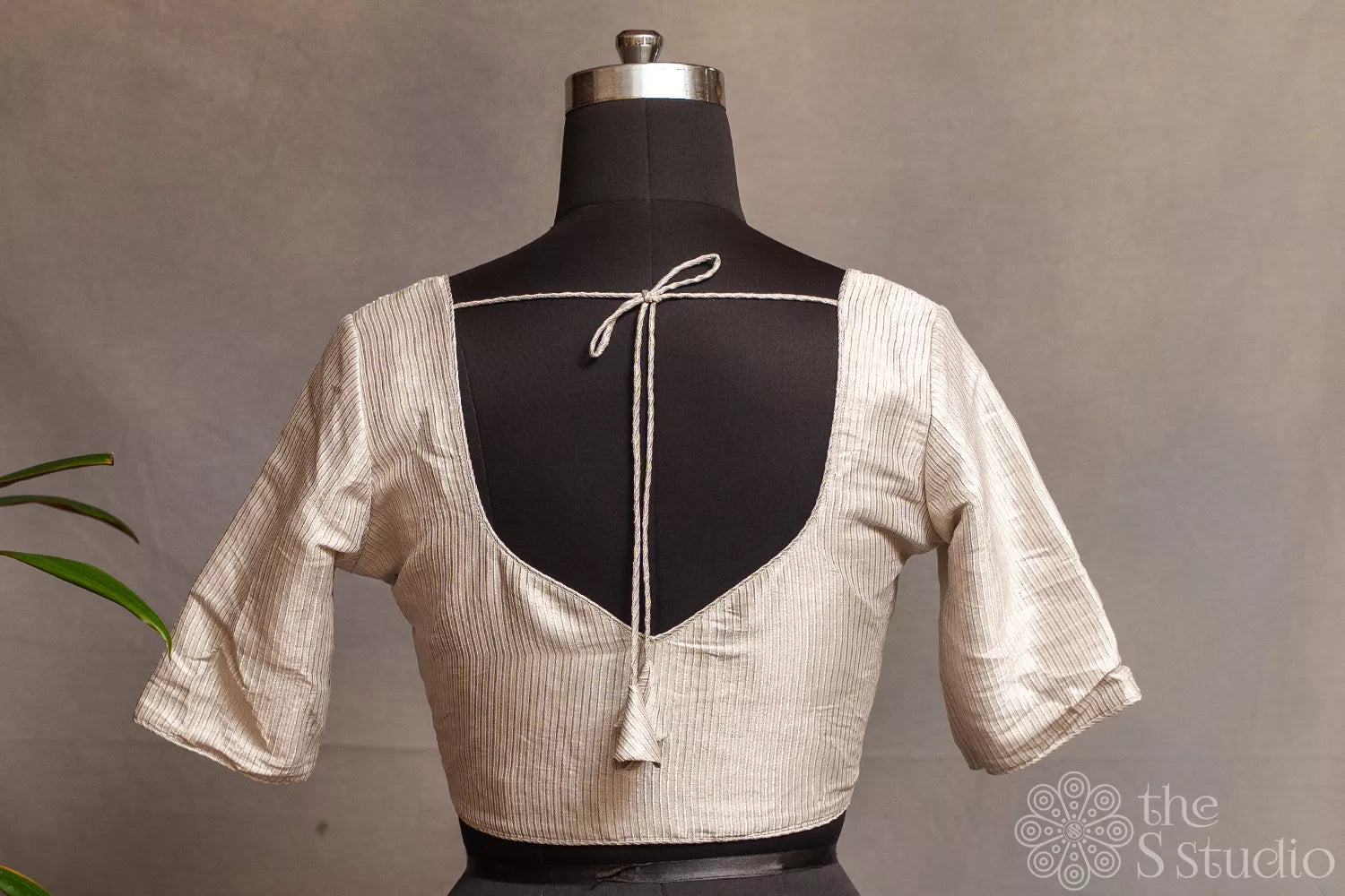 Silver grey Tissue readymade blouse with elbow sleeves