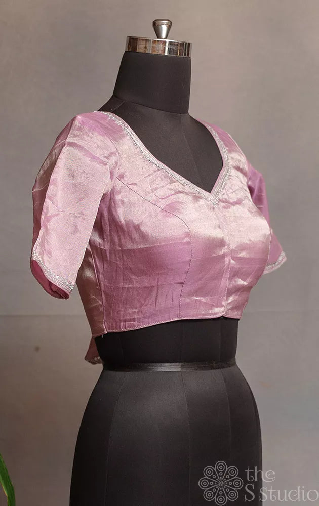 Light Pink Chanderi tissue readymade blouse with hand embroidery