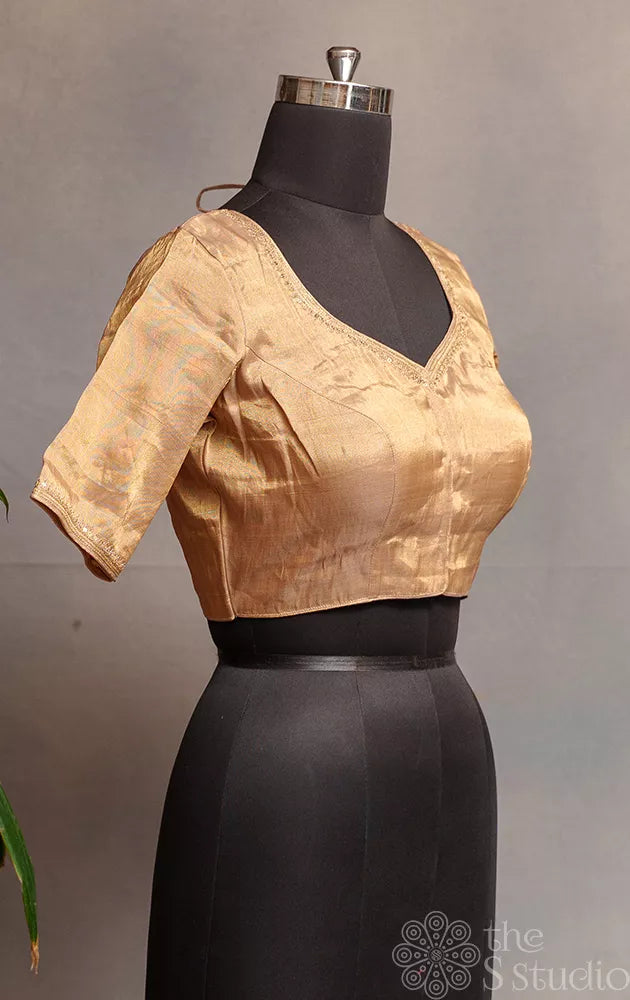 Golden Chanderi tissue readymade blouse with hand embroidery