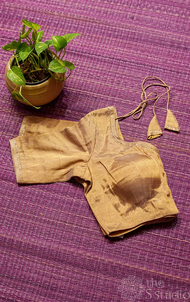 Golden Chanderi tissue readymade blouse with hand embroidery