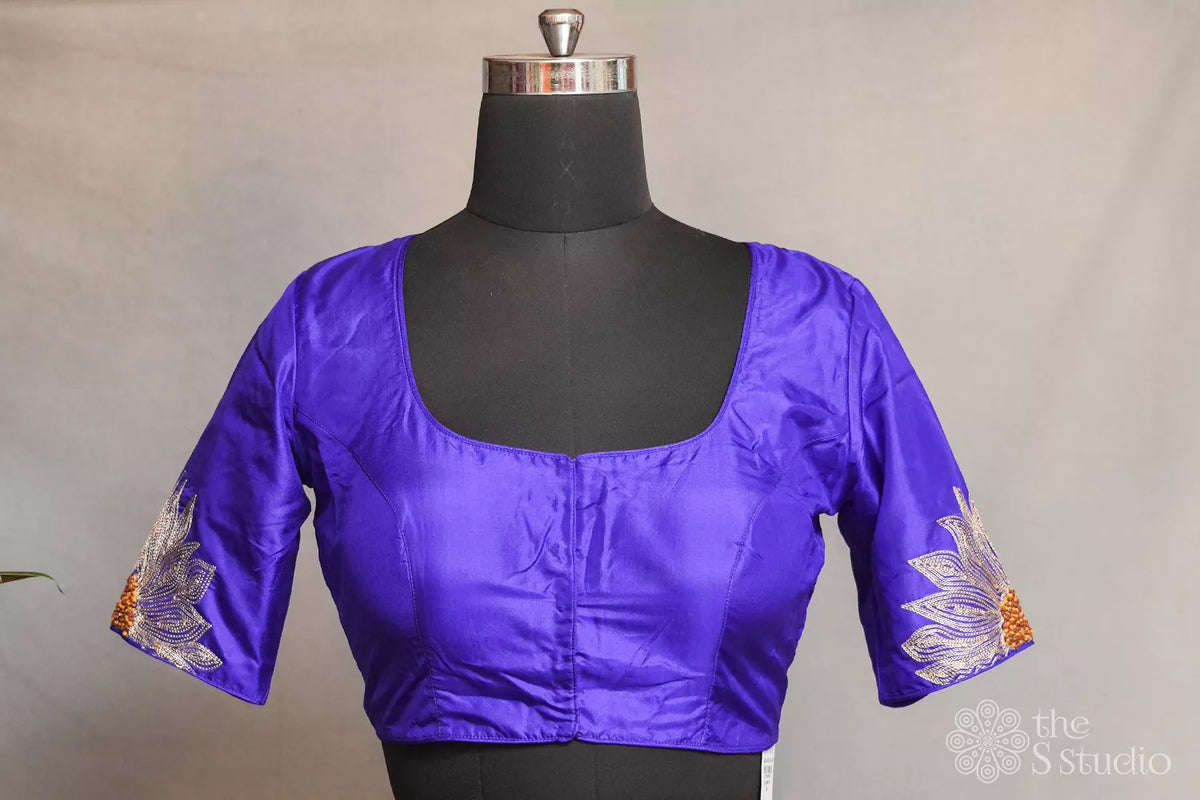 Violet semi silk readymade blouse with floral embroidery