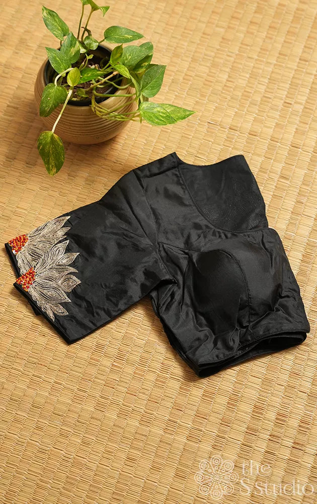 Black semi silk readymade blouse with floral embroidery