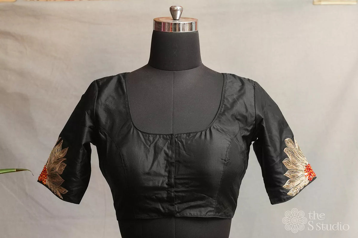 Black semi silk readymade blouse with floral embroidery