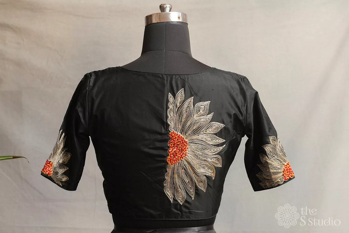 Black semi silk readymade blouse with floral embroidery