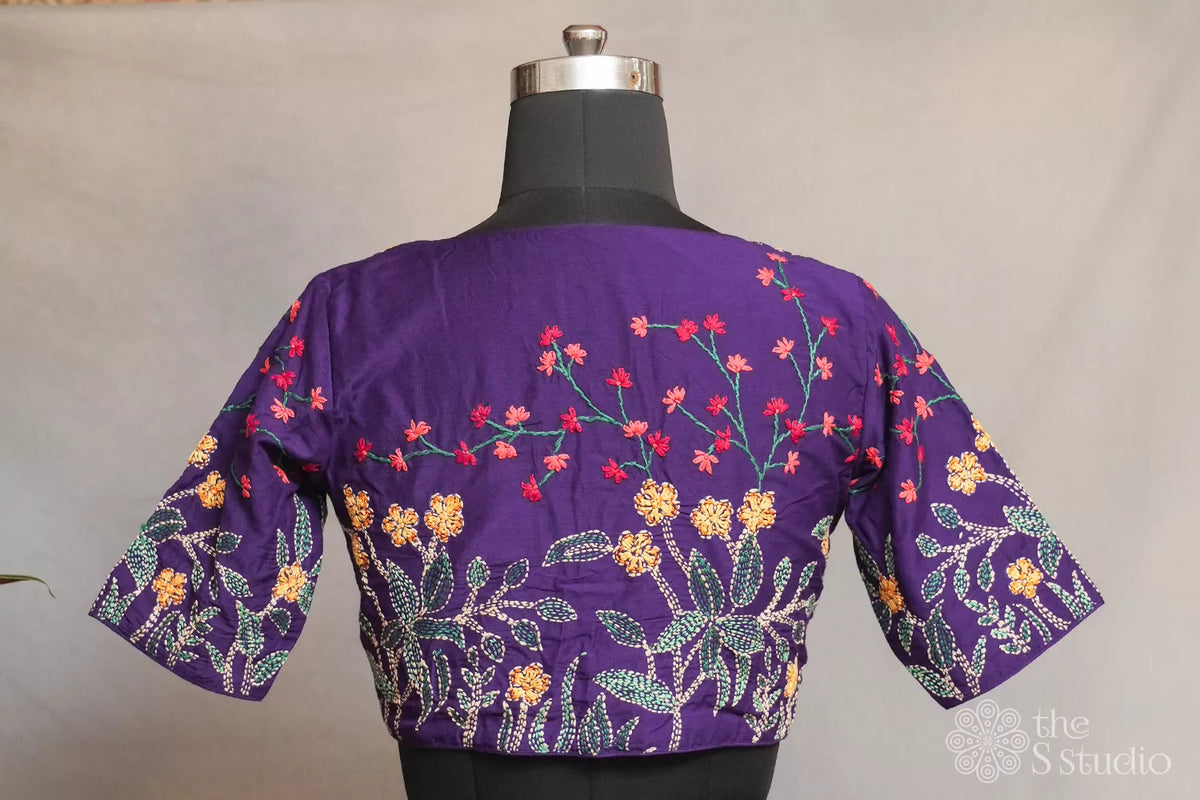 Violet cotton readymade blouse with kantha embroidery