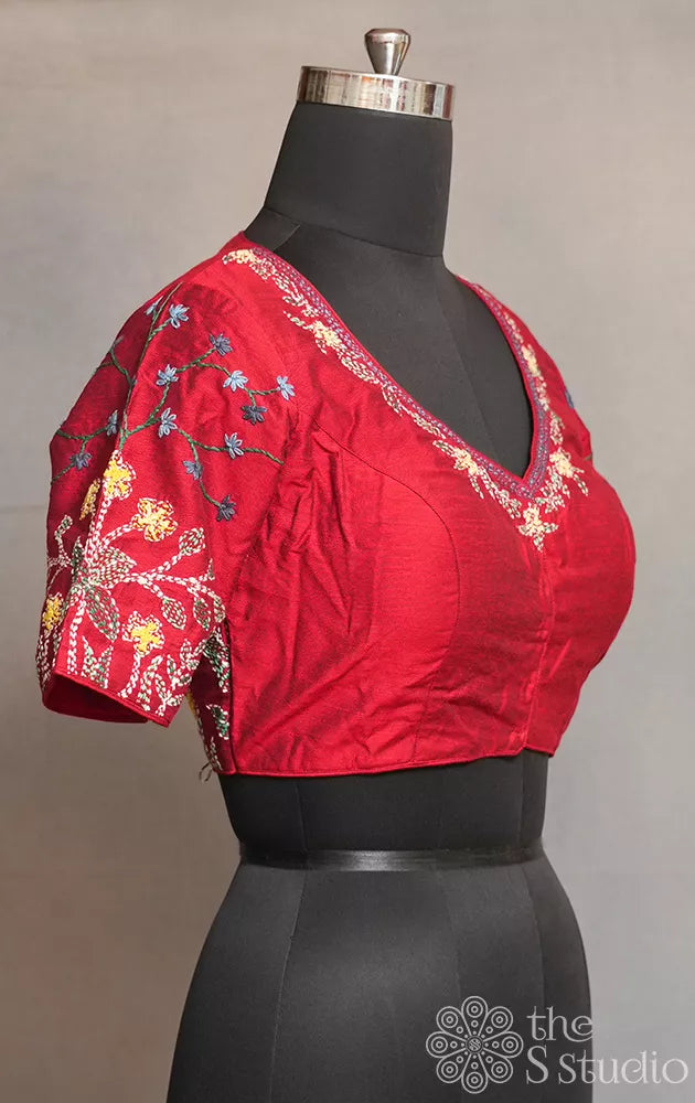 Maroon cotton readymade blouse with kantha embroidery