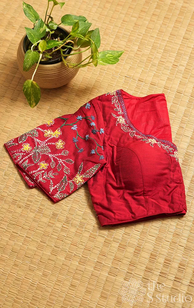 Maroon cotton readymade blouse with kantha embroidery
