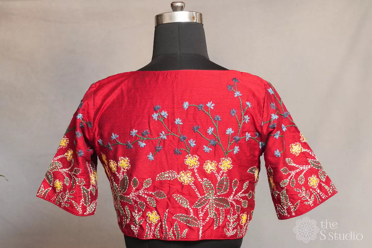 Maroon cotton readymade blouse with kantha embroidery