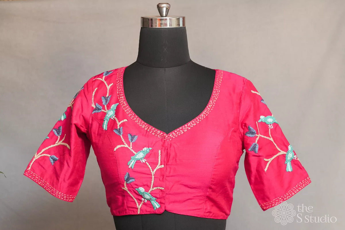 Pink cotton readymade blouse with bird embroidery