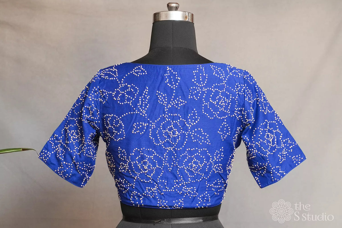 Blue cotton readymade blouse with french knot floral embroidery