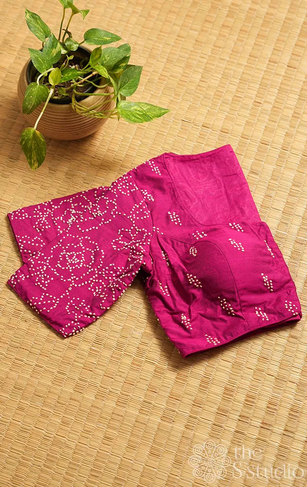 Magenta cotton readymade blouse with french knot floral embroidery
