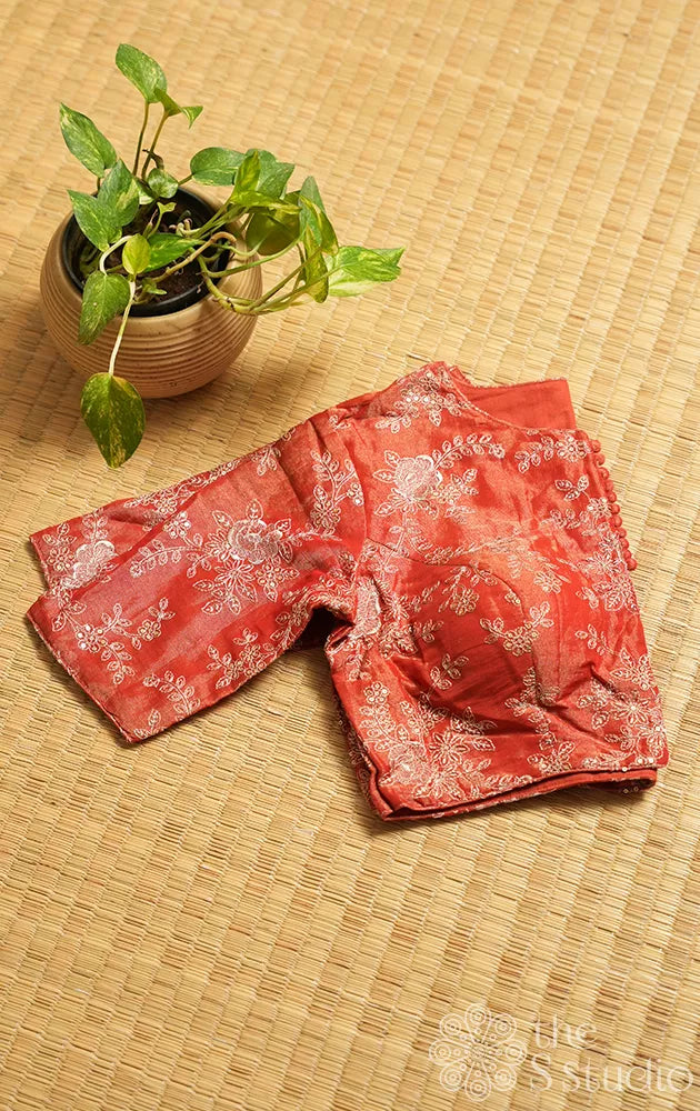Rust orange tissue silk readymade blouse with embroidery
