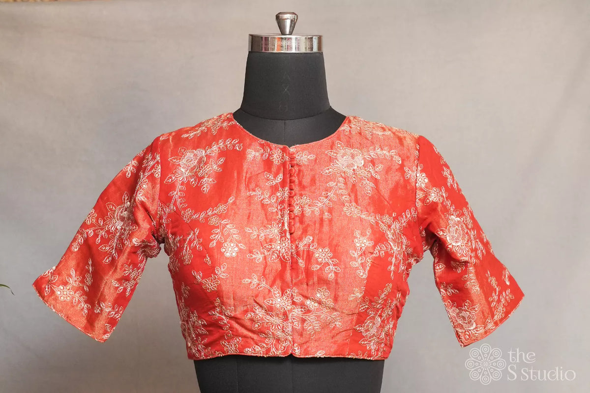 Rust orange tissue silk readymade blouse with embroidery