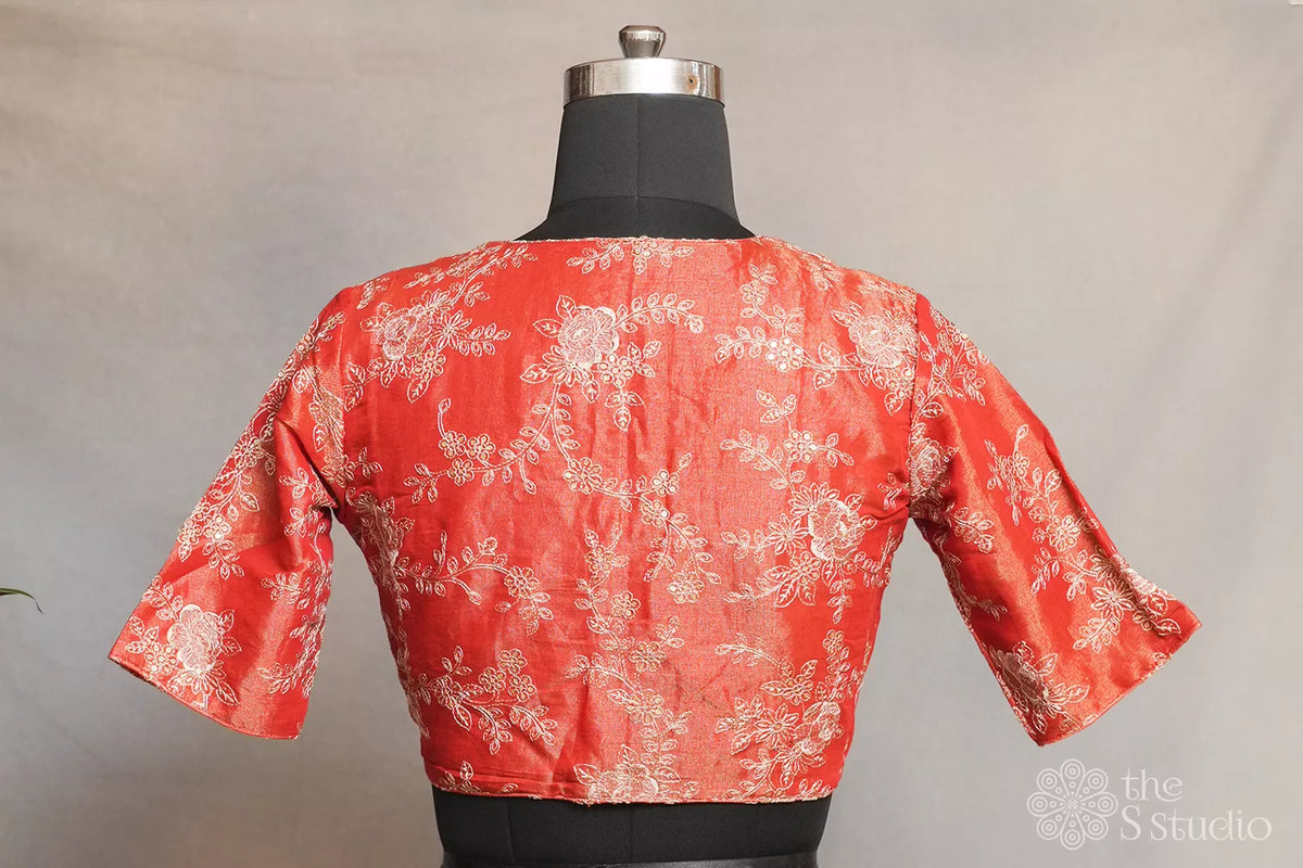 Rust orange tissue silk readymade blouse with embroidery