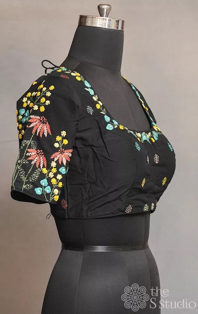 Black cotton readymade blouse with floral embroidery