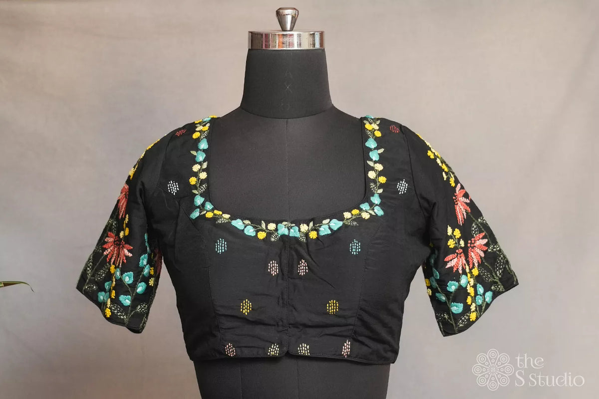 Black cotton readymade blouse with floral embroidery