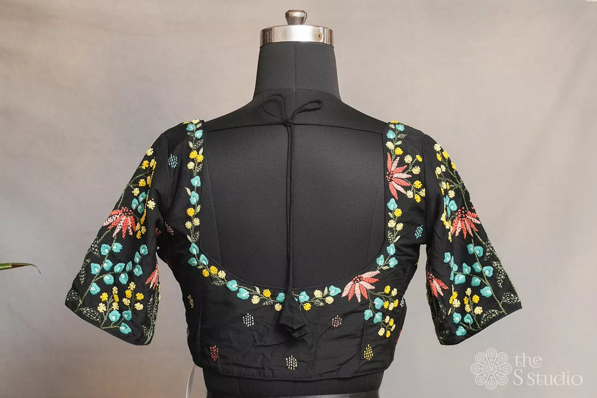 Black cotton readymade blouse with floral embroidery