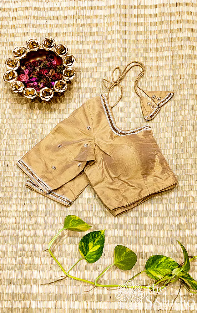 Golden beige hand embroidered silk blouse with neck pattern