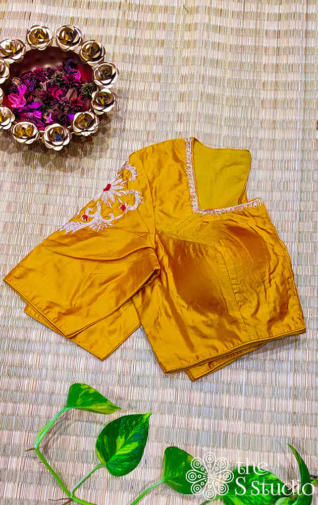 Mustard hand embroidered silk blouse with neck pattern