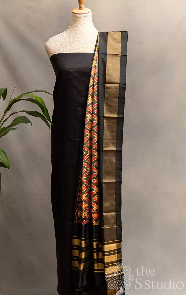 Grey with mustard and red pattern Ikat silk dupatta