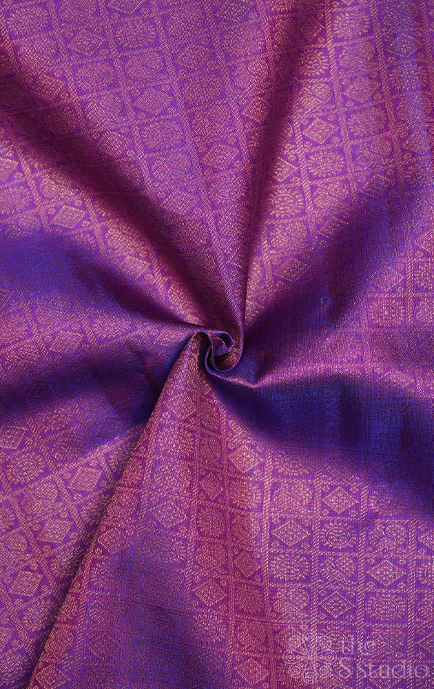 Purple kanchi silk blouse fabric with mayil chakram buttas