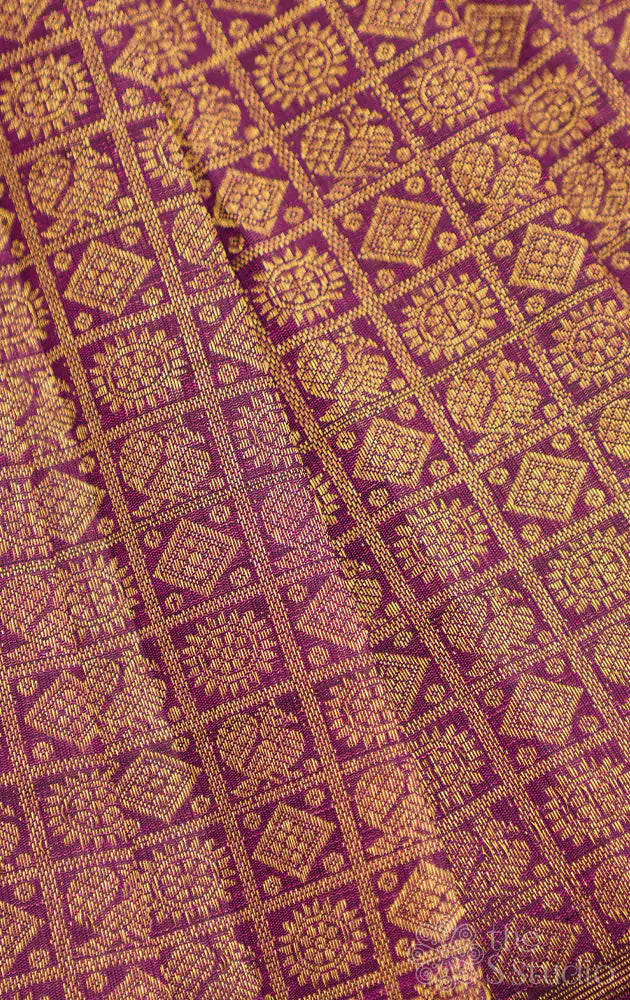 Purple kanchi silk blouse material with mayil chakram buttas
