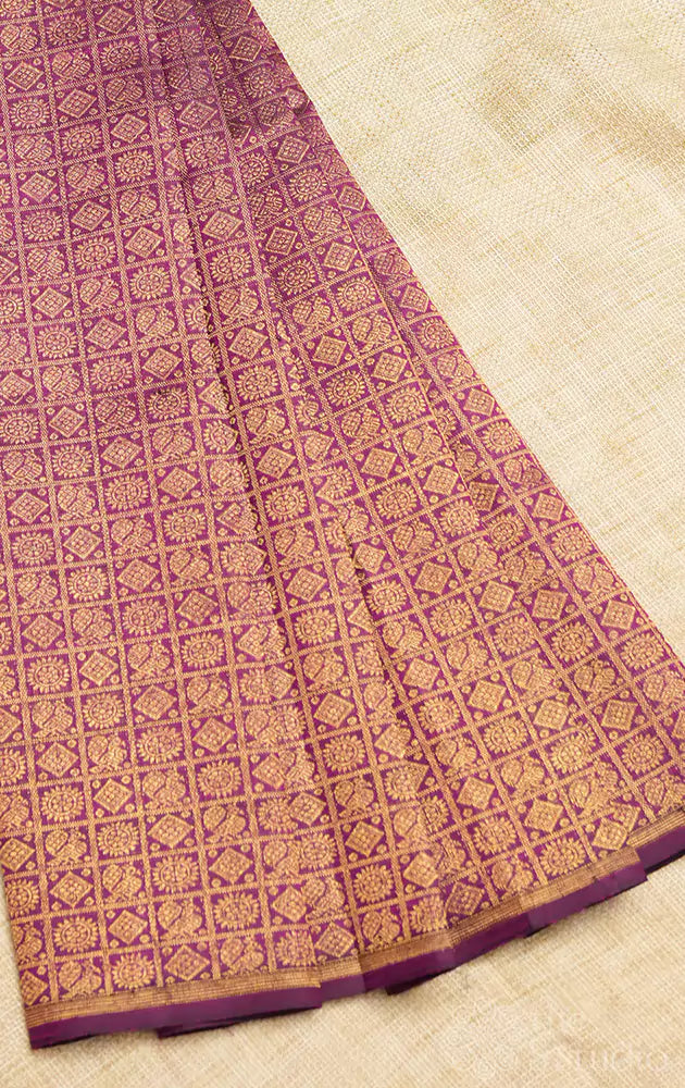 Purple kanchi silk blouse material with mayil chakram buttas