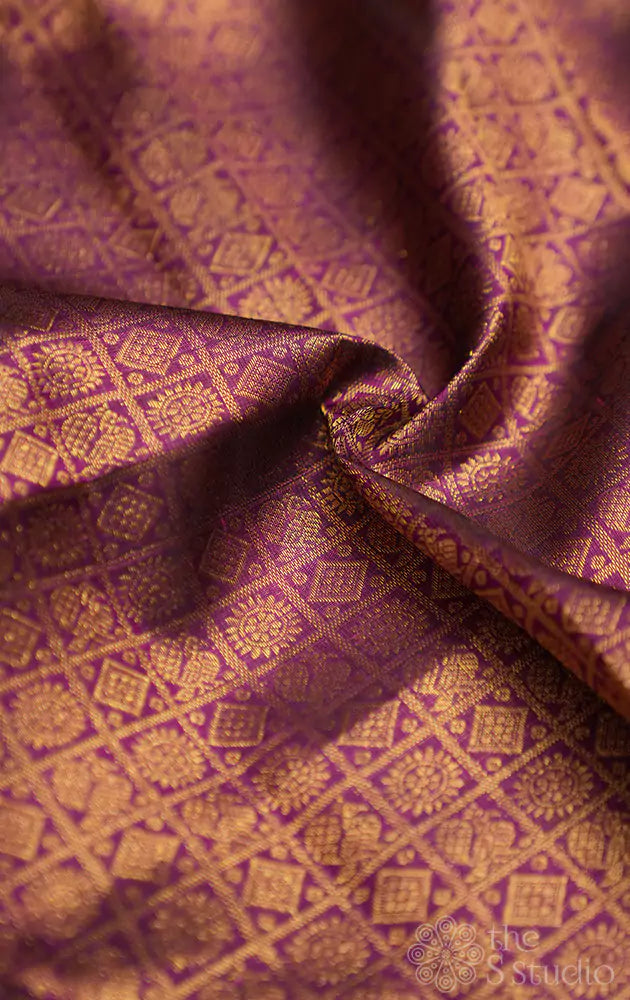 Purple kanchi silk blouse material with mayil chakram buttas