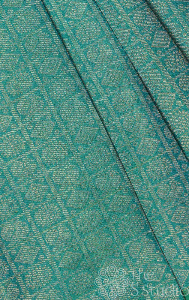 Sea blue kanchi silk blouse material with mayil chakaram motifs