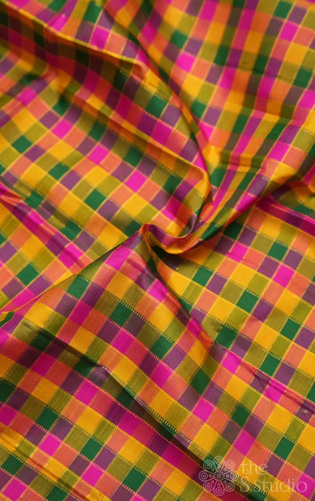 Multi colour zari checks kanchi silk blouse fabric