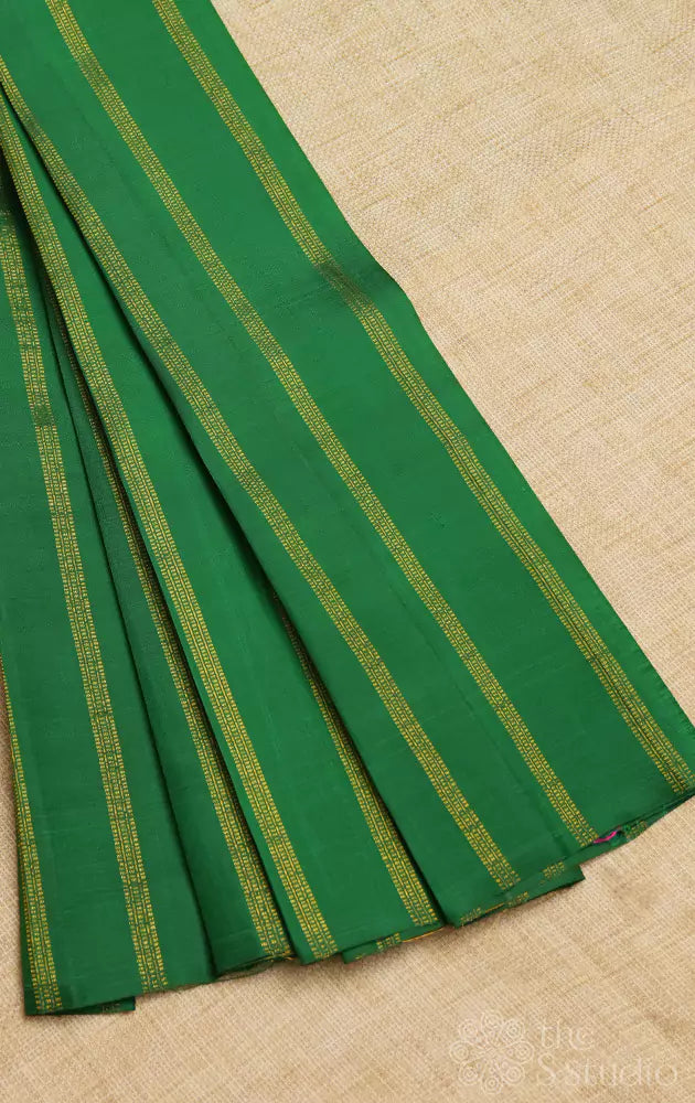 Leaf green kanchi silk blouse material with zari lines