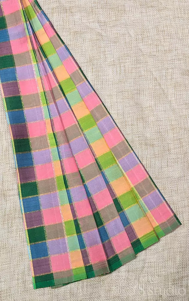 Pink & Green Multi colour zari checked kanchi silk blouse material