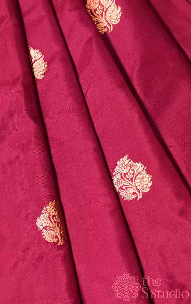 Maroon banarasi silk blouse material with floral kadua buttas