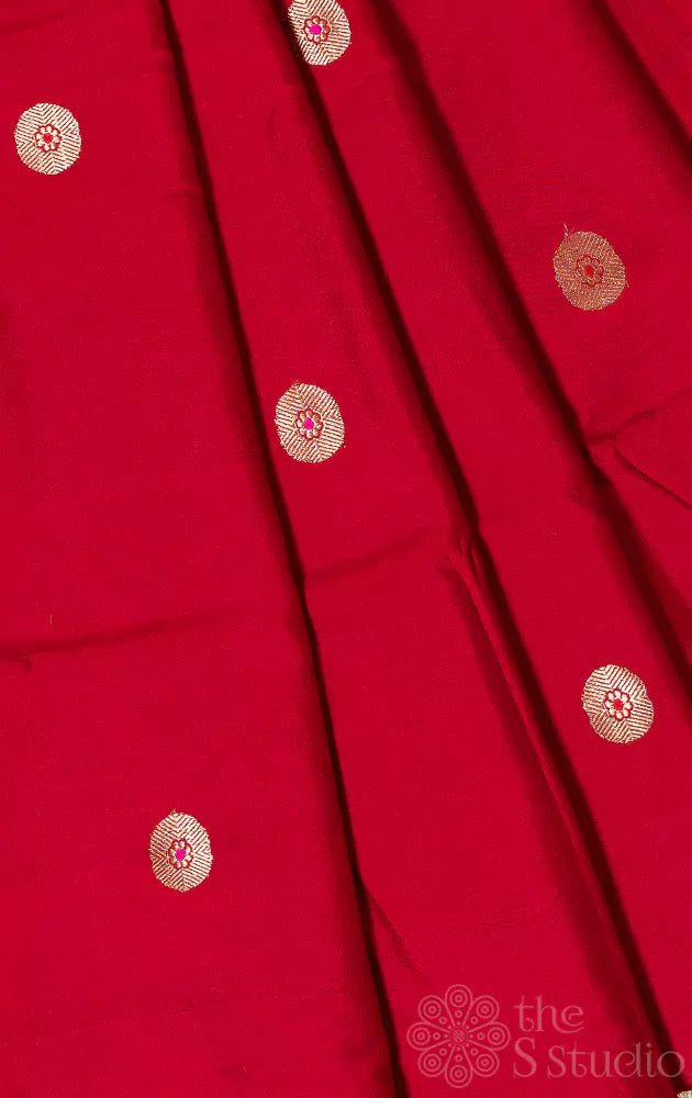Red banarasi silk blouse material with round zari buttas