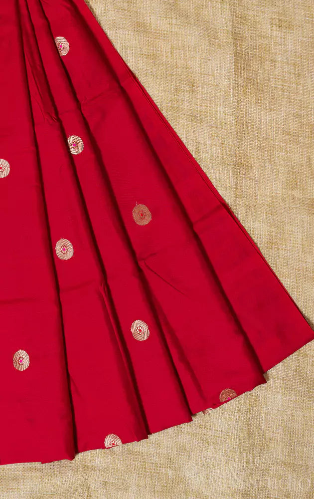 Red banarasi silk blouse material with round zari buttas
