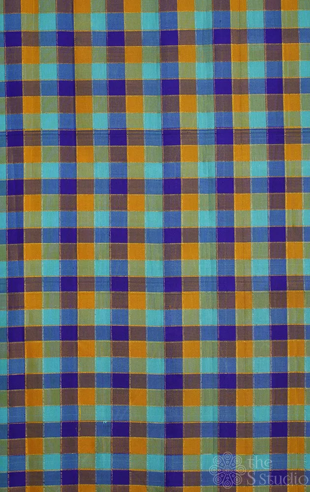 Blue Multi colour zari checks kanchi silk blouse fabric