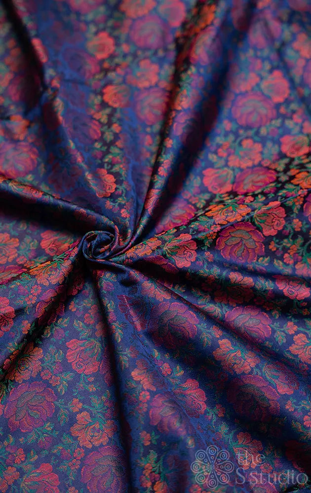 Navy Blue banarasi katan silk Blouse material with jacquard weave