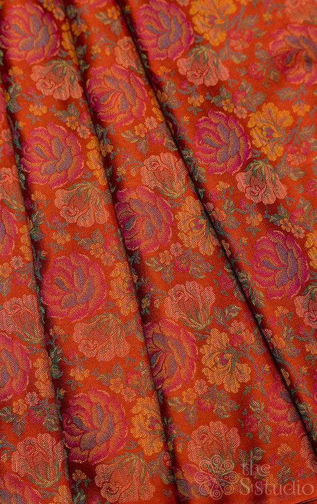 Rust Orange banarasi katan silk blouse material with floral jacquard weave