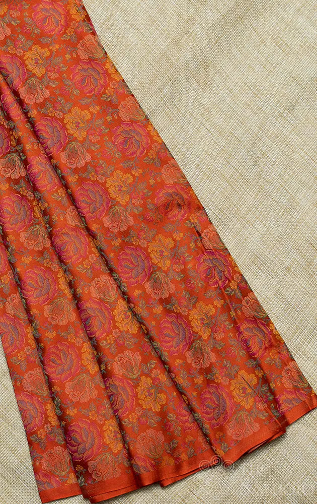 Rust Orange banarasi katan silk blouse material with floral jacquard weave