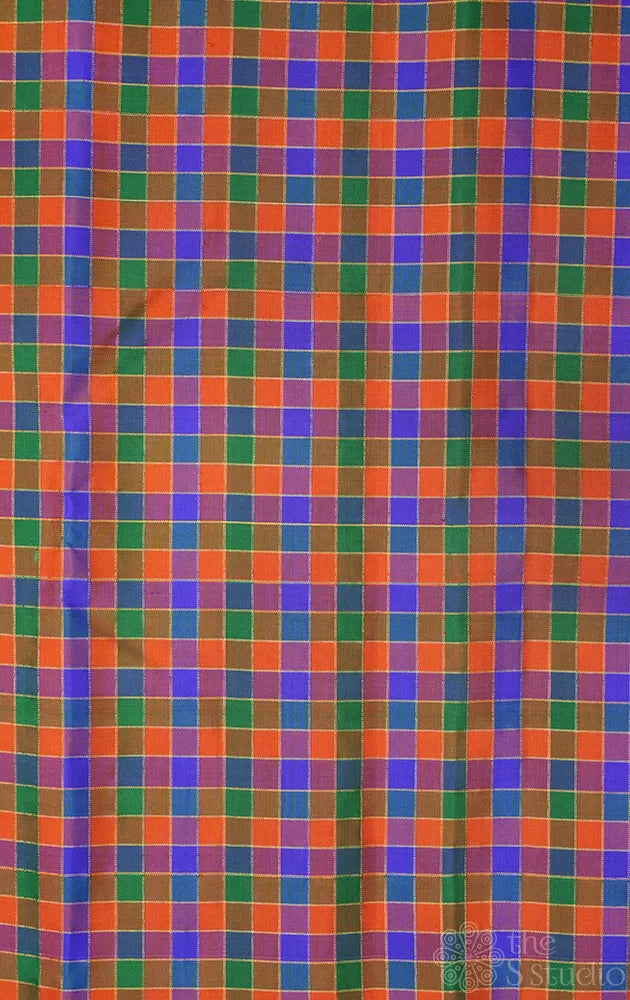 Orange multicolour small zari checked blouse fabric