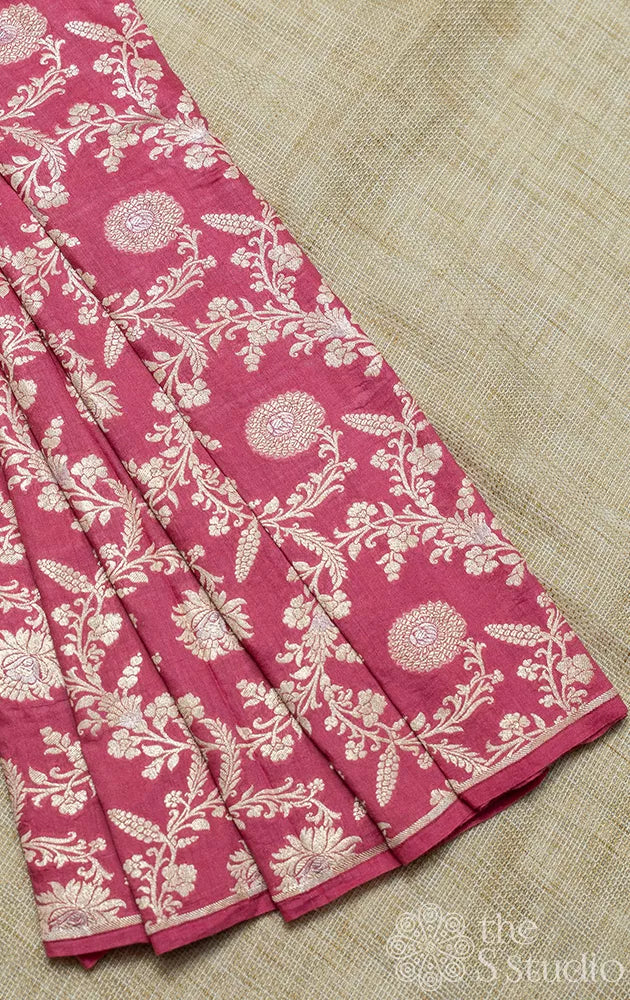 Pink banarasi chiniya silk blouse material with floral zari pattern