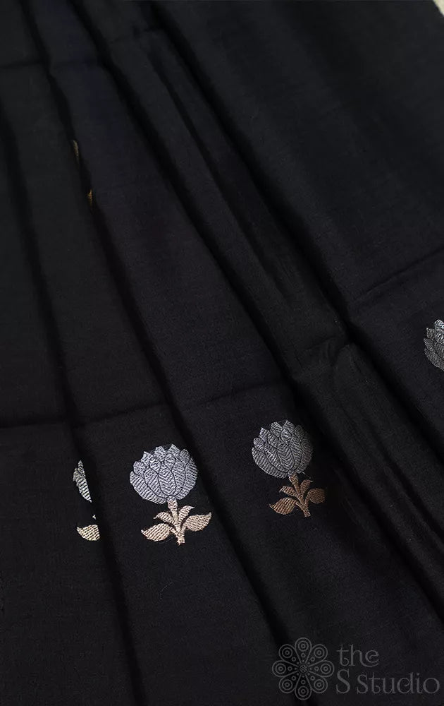 Black banarasi chiniya silk blouse material with silver and gold buttas