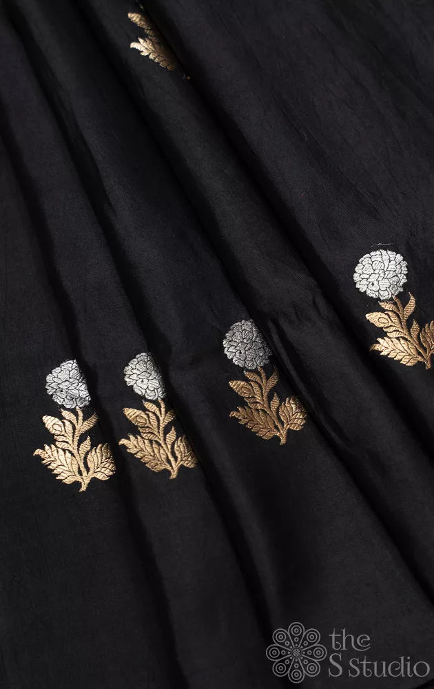 Black banarasi chiniya silk blouse material woven with silver and gold buttas